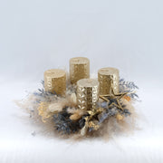 Trockenblumen Adventskranz in Champagnergold und Dusty Blue