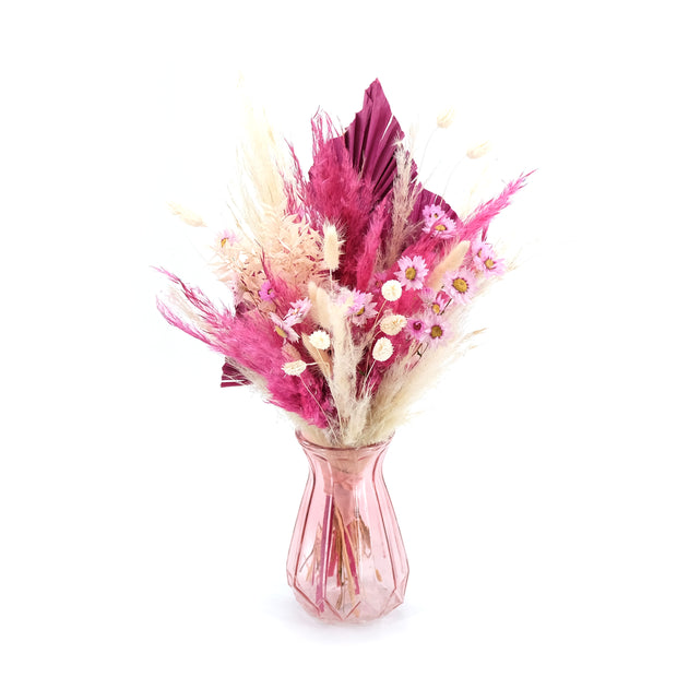 Trockenblumenstrauß in Fuchsia, Pink und Beige