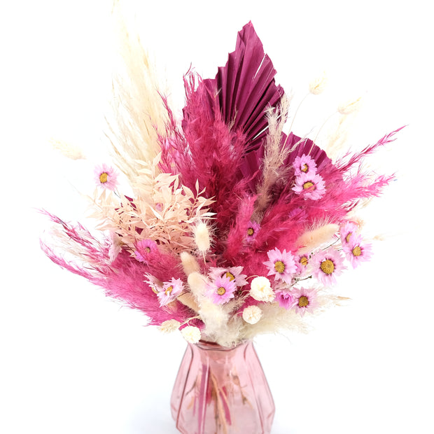 Trockenblumenstrauß in Fuchsia, Pink und Beige